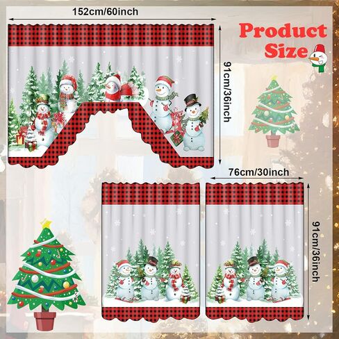3 Pcs Christmas Kitchen Curtains Window Curtains and Valance Set Snowman Christmas Tree Buffalo Plaid Christmas Curtains Swag for Bedroom Living Room, 60 x 36 Valance, 36 x 30 Tier (Black, Red) in Saudi Arabia