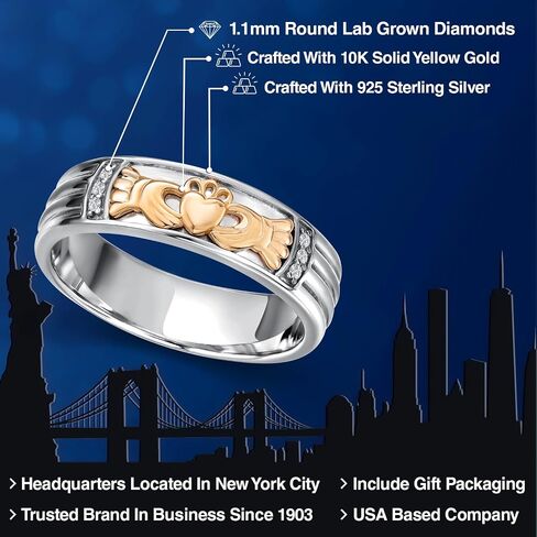 Gem Stone King 925 Silver and 10K Yellow Gold White Lab Grown Diamond Irish Claddagh Ring | Friendship Love Marriage Celtic Lucky Jewelry Birthday Promise Ring | Available in Sizes 7 to 13 in Saudi Arabia