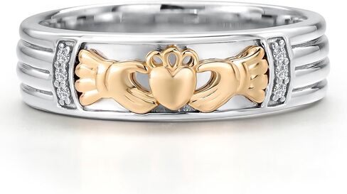 Gem Stone King 925 Silver and 10K Yellow Gold White Lab Grown Diamond Irish Claddagh Ring | Friendship Love Marriage Celtic Lucky Jewelry Birthday Promise Ring | Available in Sizes 7 to 13 in Saudi Arabia