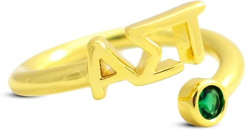 Sorority Shop Alpha Sigma Tau Ring- 18k Gold-Plated Wraparound Ring with Green Gemstone and Alpha Sigma Tau Greek Letters, Sorority Jewelry Gift in Saudi Arabia