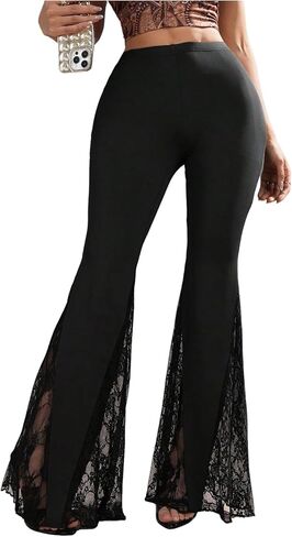Women's Y2K Sheer Lace Flare Pants Low Rise Elastic Waist Skinny Bell Bottoms Casual Trousers in Kuwait