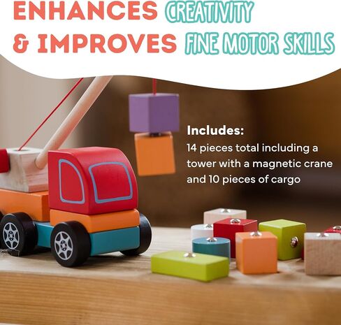 Wooden Crane Truck – Magnetic Construction Vehicle Playset for Toddlers Ages 18 Months+ – Montessori Toy for Fine Motor Skills, Creativity, and Imaginative Play in Saudi Arabia