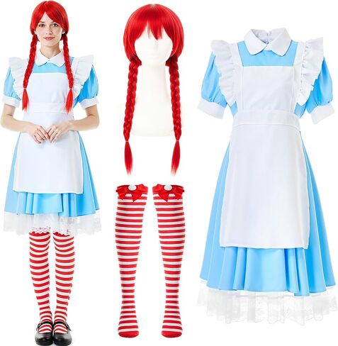 TaoBary 3 Pcs Halloween Fast Food Costume for Women Red Braided Wig Blue Maid Apron Dress and Red White Striped Stocking in Saudi Arabia