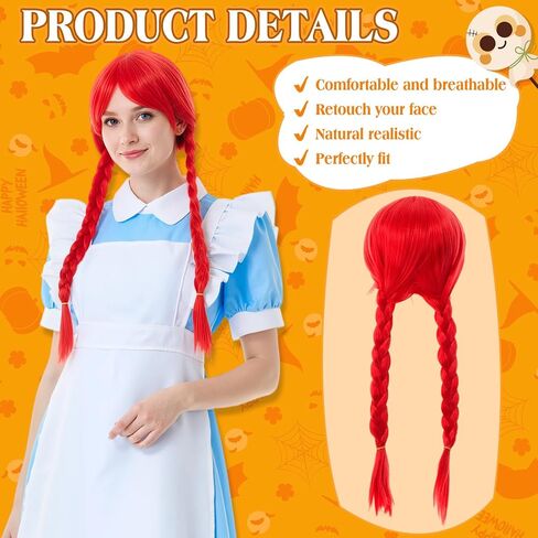 TaoBary 3 Pcs Halloween Fast Food Costume for Women Red Braided Wig Blue Maid Apron Dress and Red White Striped Stocking in Saudi Arabia