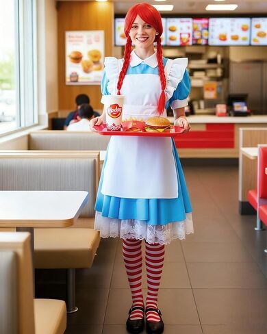 TaoBary 3 Pcs Halloween Fast Food Costume for Women Red Braided Wig Blue Maid Apron Dress and Red White Striped Stocking in Saudi Arabia
