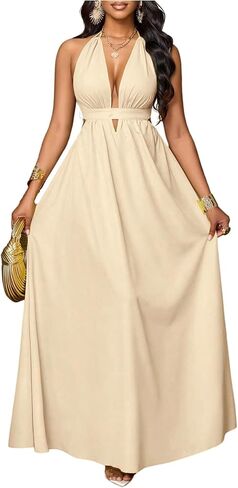 SOLY HUX Women's Halter Maxi Dress Deep V Neck Backless A Line Flowy Party Dresses Vacation Outfits in Saudi Arabia
