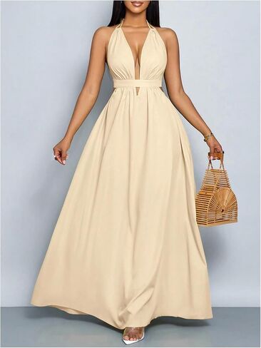 SOLY HUX Women's Halter Maxi Dress Deep V Neck Backless A Line Flowy Party Dresses Vacation Outfits in Saudi Arabia