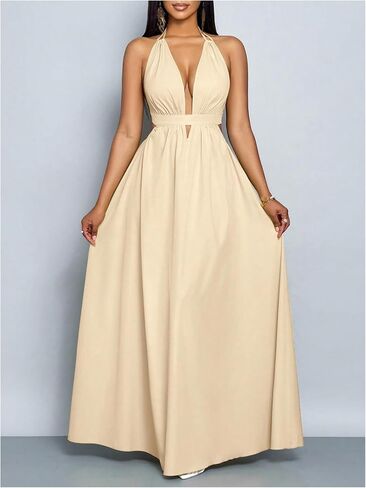 SOLY HUX Women's Halter Maxi Dress Deep V Neck Backless A Line Flowy Party Dresses Vacation Outfits in Saudi Arabia