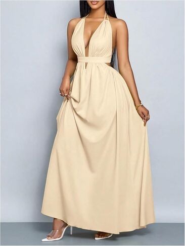 SOLY HUX Women's Halter Maxi Dress Deep V Neck Backless A Line Flowy Party Dresses Vacation Outfits in Saudi Arabia