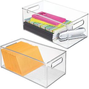 mDesign Small Plastic Office Storage Container Bins w/Handles for Organization in Filing Cabinet, Closet Shelf, Desk Drawers, Organizer for Notes, Pens, Pencils - Ligne Collection, 2 Pack - Clear in Kuwait