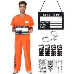 Prisoner Costume for Adult - Orange Jail Convict Costume for Men Jailbird Outfit for Halloween Dress Up Cosplay in Kuwait