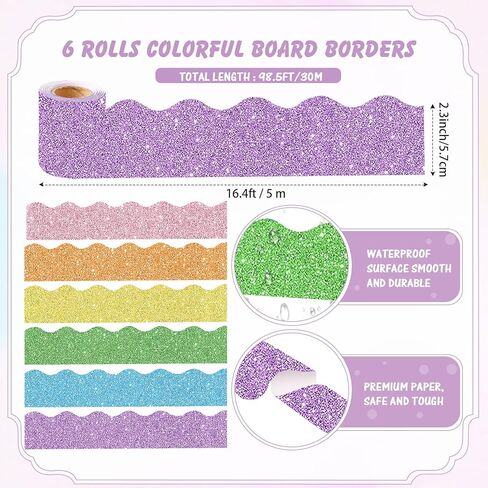 Zhanmai 6 Rolls Classroom Bulletin Board Decoration, 98.5 ft Glitter Scalloped Border Trim Bulletin Board Rolls Border for School, Classroom Office Party Wall Holiday Decoration(Colorful Color) in Kuwait