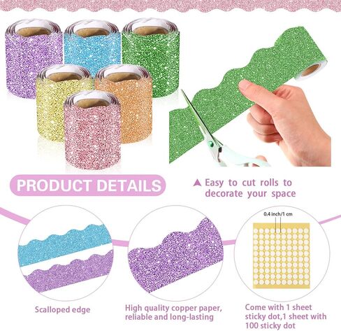 Zhanmai 6 Rolls Classroom Bulletin Board Decoration, 98.5 ft Glitter Scalloped Border Trim Bulletin Board Rolls Border for School, Classroom Office Party Wall Holiday Decoration(Colorful Color) in Kuwait