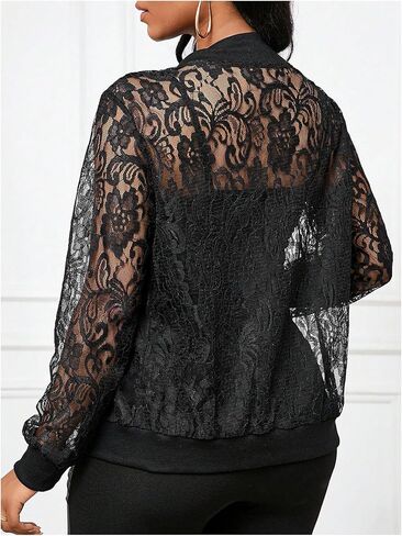 OYOANGLE Women's Lace Long Sleeve Bomber Jacket Stand Collar Sheer Zip Up Jackets Outwear in Saudi Arabia