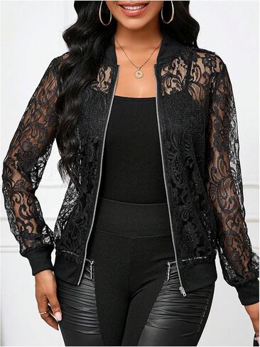 OYOANGLE Women's Lace Long Sleeve Bomber Jacket Stand Collar Sheer Zip Up Jackets Outwear in Saudi Arabia