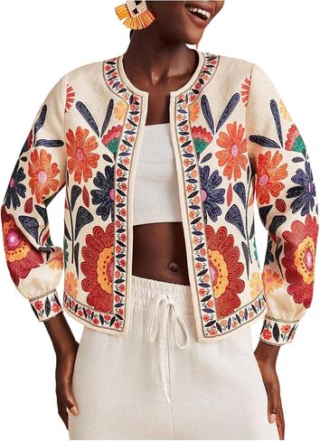 MakeMeChic Women's Boho Tops Floral Jacket Long Sleeve Open Front Vacation Coat Outerwear in Saudi Arabia