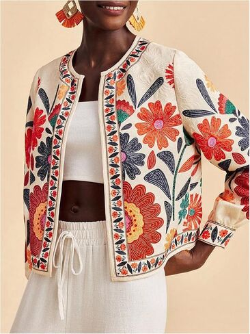 MakeMeChic Women's Boho Tops Floral Jacket Long Sleeve Open Front Vacation Coat Outerwear in Saudi Arabia