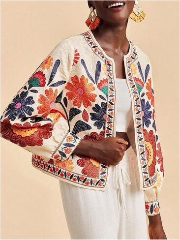 MakeMeChic Women's Boho Tops Floral Jacket Long Sleeve Open Front Vacation Coat Outerwear in Saudi Arabia