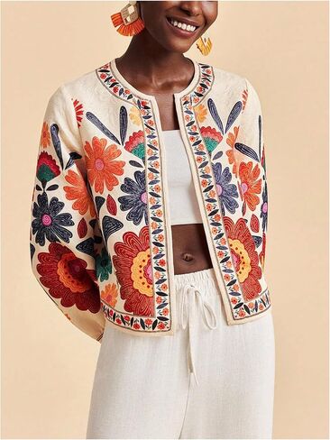 MakeMeChic Women's Boho Tops Floral Jacket Long Sleeve Open Front Vacation Coat Outerwear in Saudi Arabia