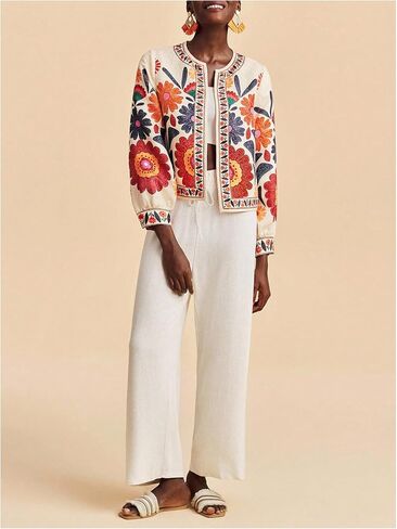MakeMeChic Women's Boho Tops Floral Jacket Long Sleeve Open Front Vacation Coat Outerwear in Saudi Arabia