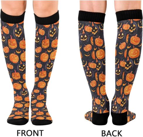 جوارب ALAZA Halloween الملونة على شكل يقطين ضاغطة للنساء والرجال جوارب طويلة للجري وركوب الدراجات الرياضية in Kuwait