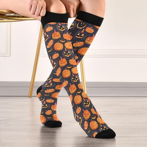 جوارب ALAZA Halloween الملونة على شكل يقطين ضاغطة للنساء والرجال جوارب طويلة للجري وركوب الدراجات الرياضية in Kuwait
