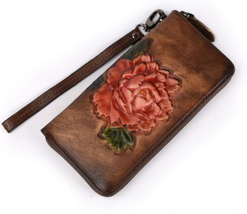Vintage Carved Cowhide Zipper Clutch Wallet. Multi-Layered, Durable & Stylish Leather Billfold for Everyday Use (Red) in Saudi Arabia