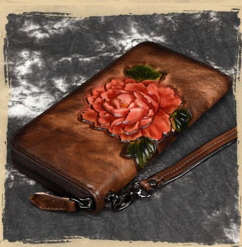 Vintage Carved Cowhide Zipper Clutch Wallet. Multi-Layered, Durable & Stylish Leather Billfold for Everyday Use (Red) in Saudi Arabia