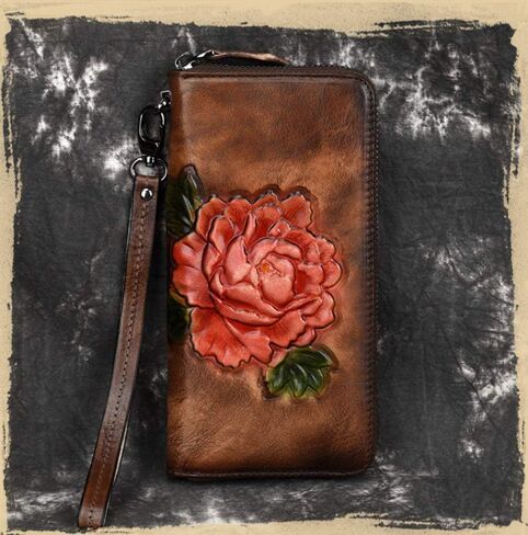 Vintage Carved Cowhide Zipper Clutch Wallet. Multi-Layered, Durable & Stylish Leather Billfold for Everyday Use (Red) in Saudi Arabia