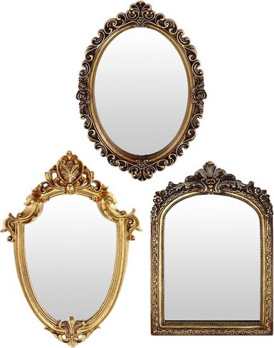 3 Styles Vintage Gold Mirror Set Decorative, Vintage Mirrors for Wall Antique Hanging Gold Vanity Table Mirror with Stand for Living Room, Bedroom Dresser, Desktop Photography Decoration in Saudi Arabia