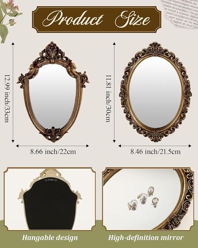 3 Styles Vintage Gold Mirror Set Decorative, Vintage Mirrors for Wall Antique Hanging Gold Vanity Table Mirror with Stand for Living Room, Bedroom Dresser, Desktop Photography Decoration in Saudi Arabia