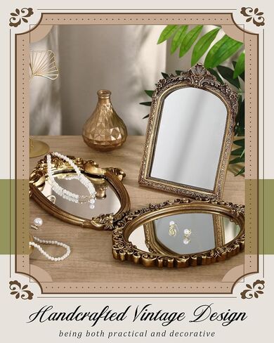 3 Styles Vintage Gold Mirror Set Decorative, Vintage Mirrors for Wall Antique Hanging Gold Vanity Table Mirror with Stand for Living Room, Bedroom Dresser, Desktop Photography Decoration in Saudi Arabia