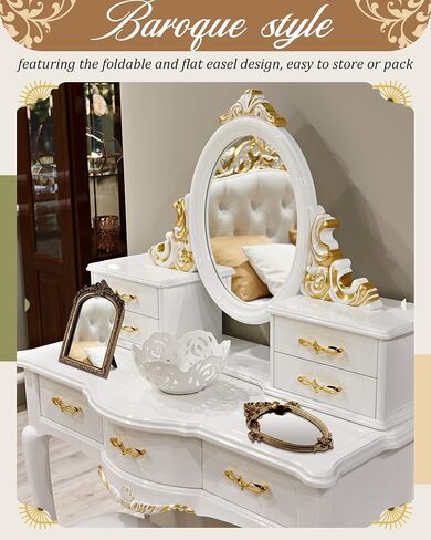 3 Styles Vintage Gold Mirror Set Decorative, Vintage Mirrors for Wall Antique Hanging Gold Vanity Table Mirror with Stand for Living Room, Bedroom Dresser, Desktop Photography Decoration in Saudi Arabia