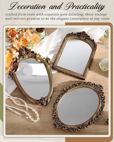 3 Styles Vintage Gold Mirror Set Decorative, Vintage Mirrors for Wall Antique Hanging Gold Vanity Table Mirror with Stand for Living Room, Bedroom Dresser, Desktop Photography Decoration in Saudi Arabia