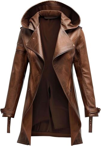 Men's Vintage Brown Distressed Sheepskin Leather Trench Coat with Hood, Mid-Length Casual Winter Jacket. in Saudi Arabia