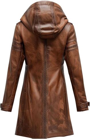 Men's Vintage Brown Distressed Sheepskin Leather Trench Coat with Hood, Mid-Length Casual Winter Jacket. in Saudi Arabia