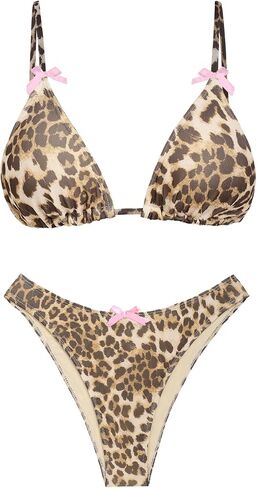 Women's Bikini Sets Tie Back Bowknot Two Piece Swimsuits Triangle Thong Bathing Suit Gingham Floral Cherry Printing in Kuwait