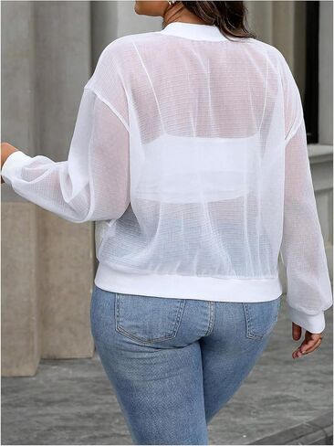 SweatyRocks Women's Plus Size Lightweight Jackets Casual Zip Up Long Sleeve Sheer Mesh Bomber Jacket in Saudi Arabia