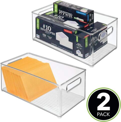 mDesign Small Plastic Office Storage Container Bins w/Handles for Organization in Filing Cabinet, Closet Shelf, Desk Drawers, Organizer for Notes, Pens, Pencils - Ligne Collection, 2 Pack - Clear in Kuwait