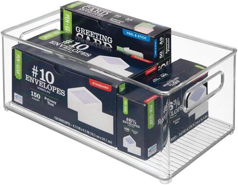 mDesign Small Plastic Office Storage Container Bins w/Handles for Organization in Filing Cabinet, Closet Shelf, Desk Drawers, Organizer for Notes, Pens, Pencils - Ligne Collection, 2 Pack - Clear in Kuwait