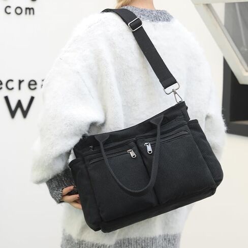 حقيبة كتف قصيرة تمر بالجسم للنساء، حقيبة كتف لطيفة، حقيبة ساعي كبيرة للركاب، حقيبة يد مدرسية، متعددة الجيوب (أسود) in Kuwait