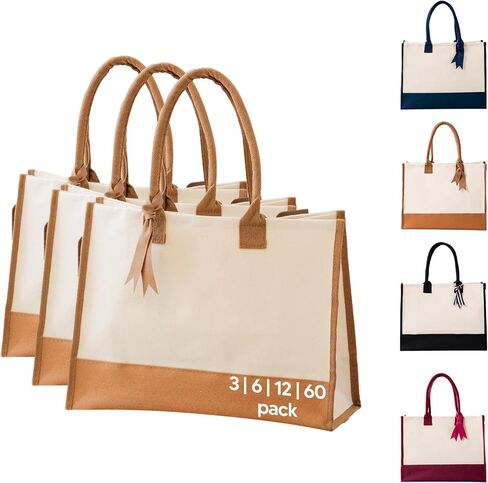 3 | 6 | 12 | 60 Pack Wedding Tote Bag with Bottom Board & Ribbon, 100% Cotton Gift Bag for Bridesmaids, Bridal Shower in Saudi Arabia