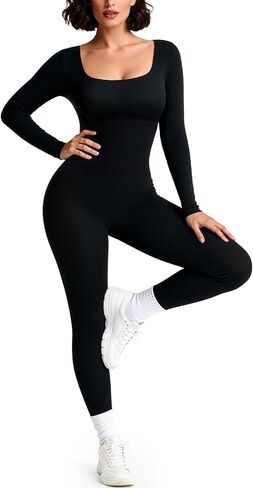 Long Sleeve Jumpsuit Built-in Bra Square Neck Ribbed Yoga Bodycon Jumpsuits For Women in Kuwait