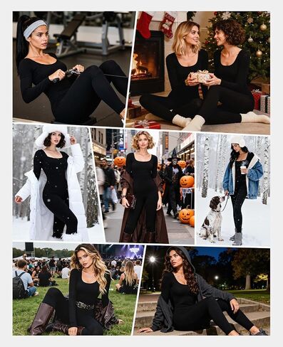 Long Sleeve Jumpsuit Built-in Bra Square Neck Ribbed Yoga Bodycon Jumpsuits For Women in Kuwait