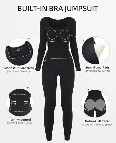Long Sleeve Jumpsuit Built-in Bra Square Neck Ribbed Yoga Bodycon Jumpsuits For Women in Kuwait