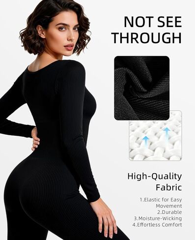 Long Sleeve Jumpsuit Built-in Bra Square Neck Ribbed Yoga Bodycon Jumpsuits For Women in Kuwait