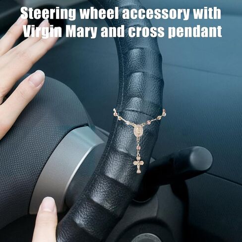 Steering Wheel Rosary Charm Accessory, Rosary Car Rear View Mirror Hanging Accessory with Virgin Mary Rearview Cross Pendant Catholic Religious Gifts Fit Men Women Catholic Beads Chain for Car in Saudi Arabia