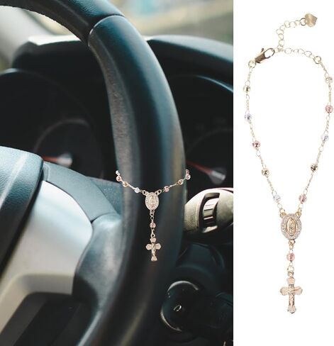 Steering Wheel Rosary Charm Accessory, Rosary Car Rear View Mirror Hanging Accessory with Virgin Mary Rearview Cross Pendant Catholic Religious Gifts Fit Men Women Catholic Beads Chain for Car in Saudi Arabia