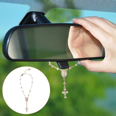 Steering Wheel Rosary Charm Accessory, Rosary Car Rear View Mirror Hanging Accessory with Virgin Mary Rearview Cross Pendant Catholic Religious Gifts Fit Men Women Catholic Beads Chain for Car in Saudi Arabia