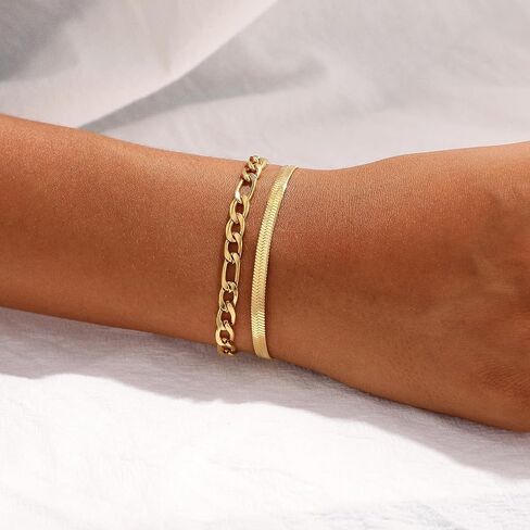 Gold Bracelets for Women Non Tarnish Trendy 14K Gold Plated Dainty Stackable Bracelet Stack Waterproof Lightweight Fashion Cute Jewelry Gift for Women 6.3-7.9 Inches in Saudi Arabia
